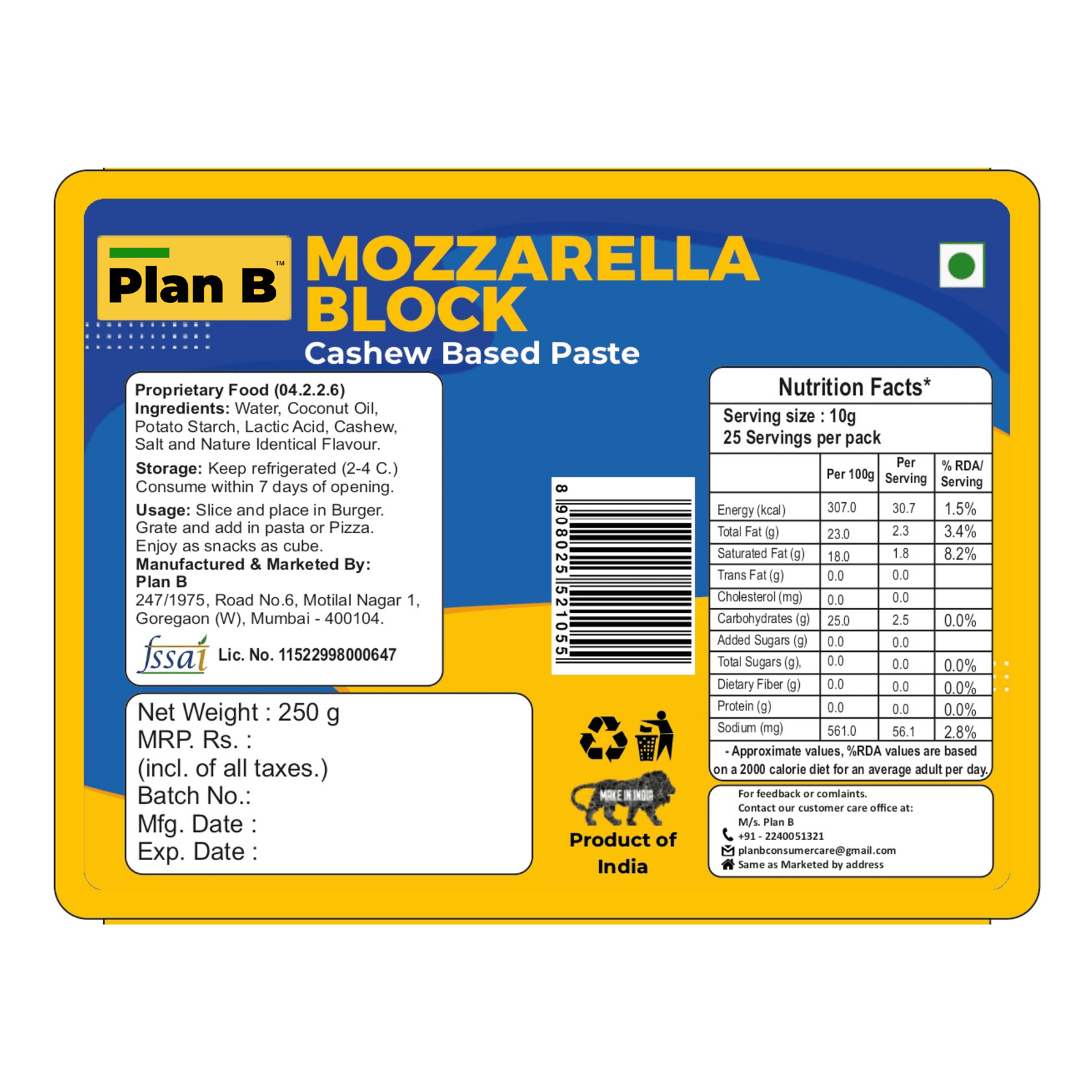 Plant Based Mozzarella Cheese, 250g Block (Shred it! Slice it! Love it!) HSN - 04069000 - Image 6
